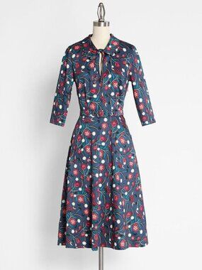 Modcloth x Collectif vintage swing blue grey pomegranate poppy floral dress